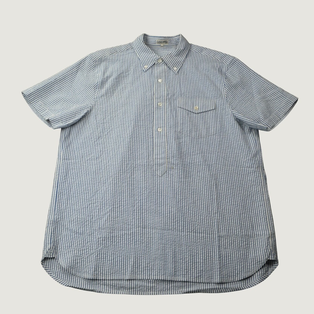 Quaker Marine Supply Seersucker Popover Shirt L Blue White Striped Short Sleeve